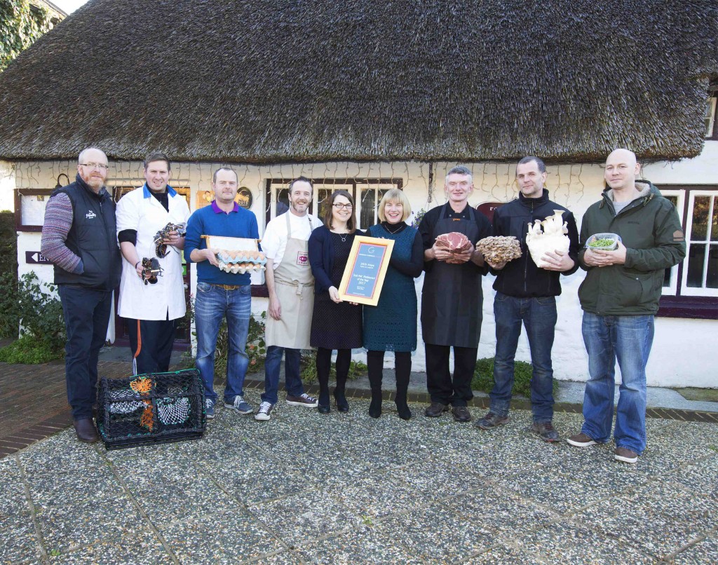 1826 Adare, Co Limerick; owners Wade and Elaine Murphy (centre left)  with Maureen Gahan, Bord Bia and some of  1812's suppliers. L to R: Ronan Byrne, Friendly Farmer (Chicken), Co Galway,  Cathal Sexton, CS Fish Ltd. (Lobster) , Co. Clare, Garrett Landers, Garrett Butchers (Meat),  Limerick,  Mark Cribbin, Ballyhoura Mountain Mushrooms Ltd., Co.Cork and  Gavan Walsh, The Little Green Co., Co Limerick. Image Liam Burke Press 22